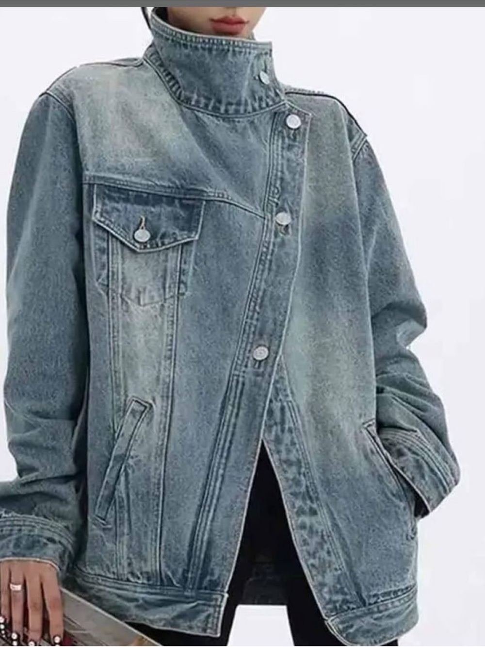 Oversized Washed Blue Denim Jacket with High Collar